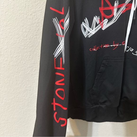 Shein Black Graphic Hoodie With Red & White Accents Smiley Face Writing - Picture 3 of 5